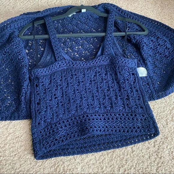 VINCE NAVY COTTON CROCHET SWEATER & TANK SET XXS/XS - Picture 15 of 15